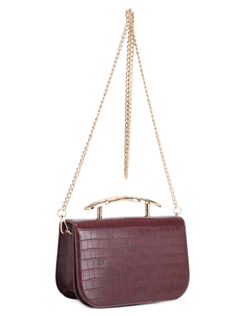Women's Croc-Embossed Structured Shoulder Bag - Burgundy